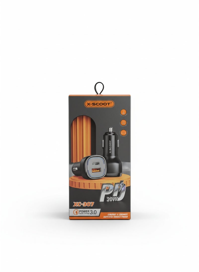 X-SCOOT XC-307 20W PD Fast Car Charger with Dual USB Ports (USB-C + USB-A) | Power 3.0 Quick Charge, Super Fast Charging for iPhone, Samsung, Huawei & All Smart Devices - Image 3